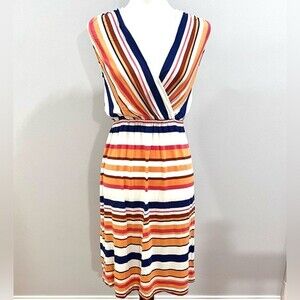 Orange and navy striped faux wrap top dress size small